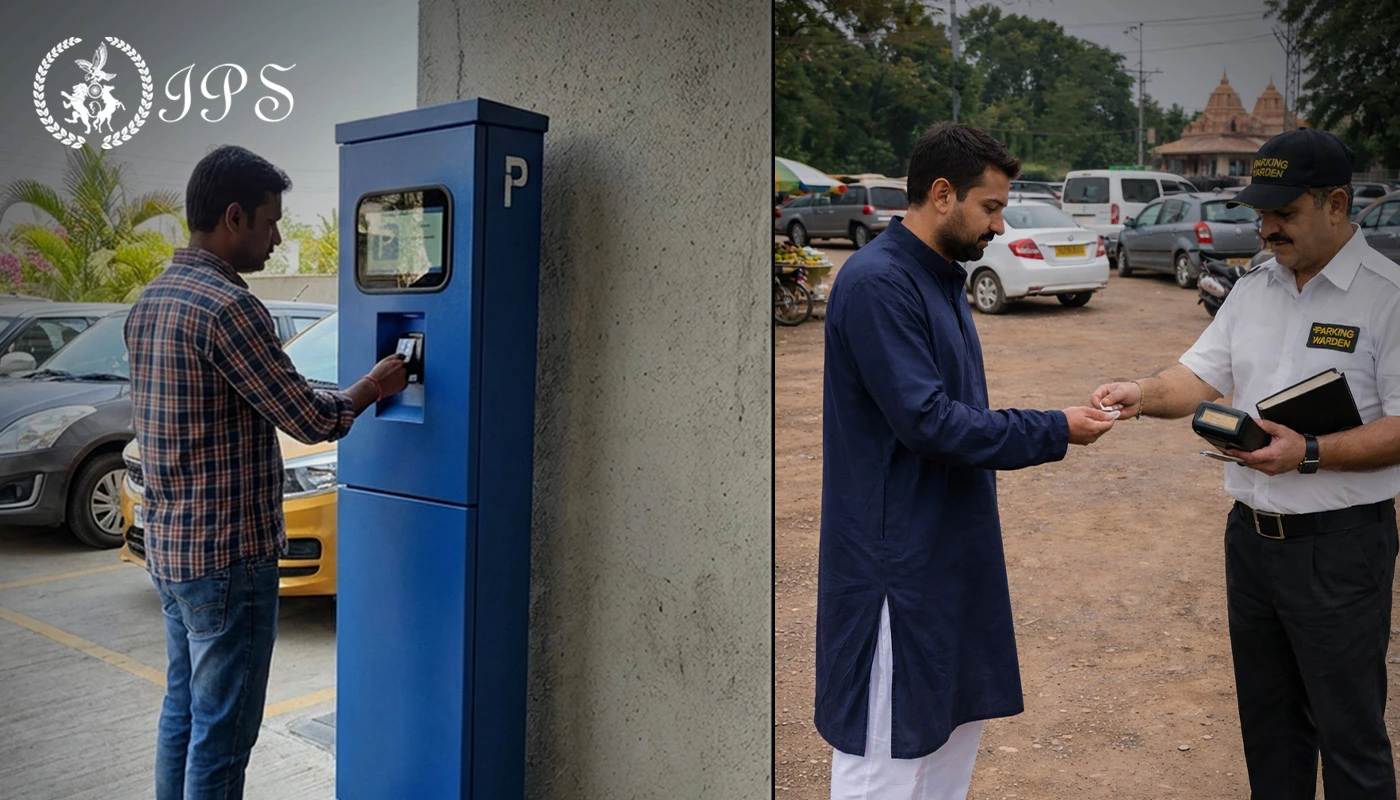Comparison of parking payment methods in India showing a man using a ticket machine and another paying a parking attendant on site.