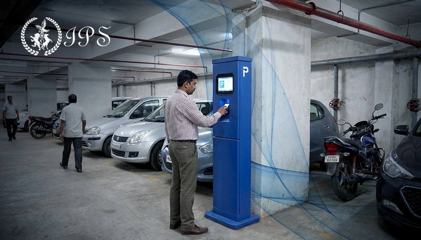 A man using a pay and display parking machine in a car park in India