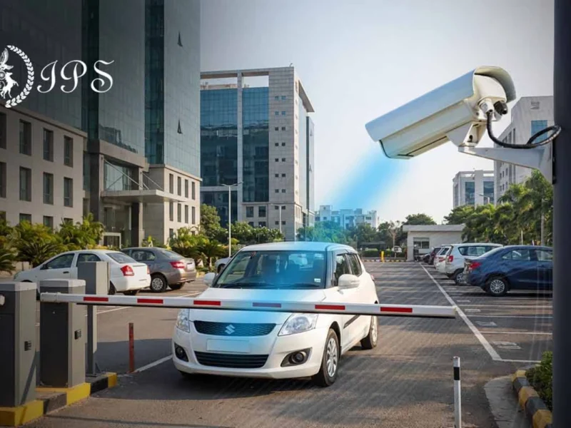 Security camera monitoring a gated parking entrance with a car waiting at the barrier outside a modern office building.