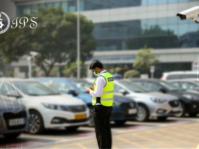 Security guard monitoring a parking space with CCTV cameras and parked cars.